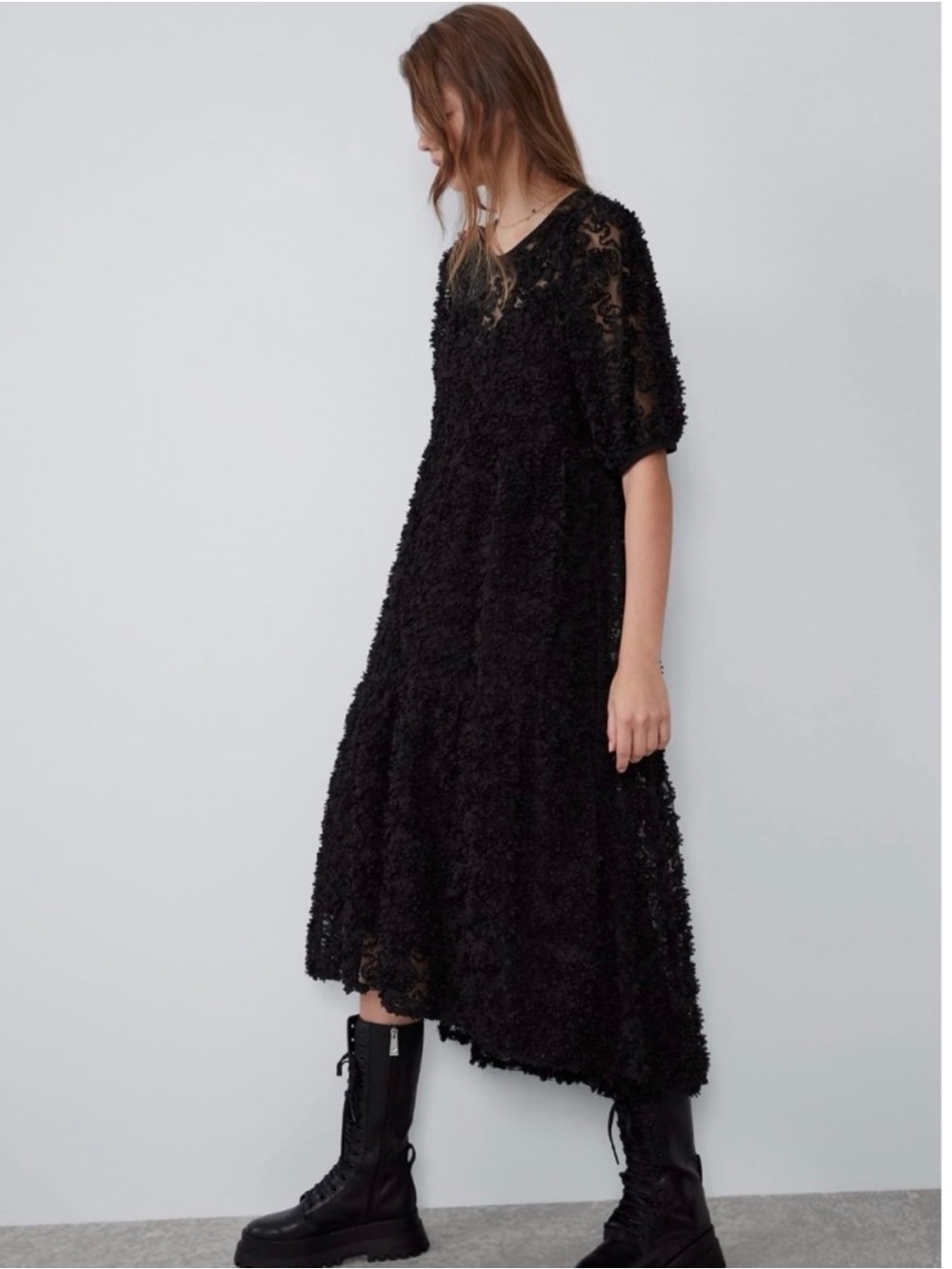 Zara Black Textured Midi Dress with Short Sleeves